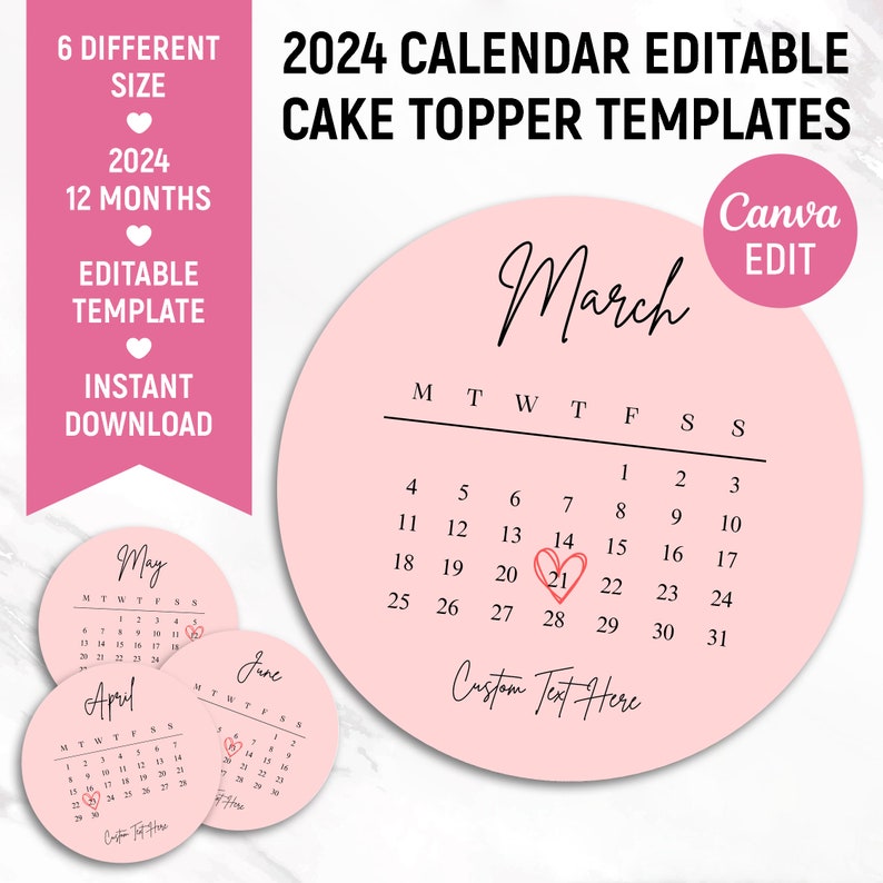 Burn Away Cake Topper Calendar Template, Custom Round Сake Topper, 2024 Calendar Printable, Birthday Cake Topper, Canva Editable image 3