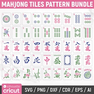 Op de afbeelding: Een digitaal Mahjong-tegelpatroonpakket met een raster van verschillende tegelontwerpen, waaronder stippen, bamboe, karakters, winden, draken, bloemen en seizoenen in blauwe, groene en roze kleuren. De tekst luidt MAHJONG TILES PATTERN BUNDLE.
