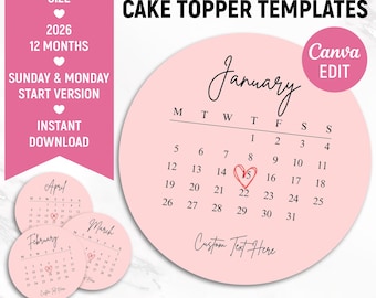 Modello di calendario per topper per torta Burn Away 2026, topper per torta rotondo personalizzato, calendario stampabile, topper per torta di compleanno, stampabile, modificabile con Canva