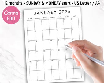 2026 Calendar Planner Template, Monthly Planner Pages, Monthly Calendar, US Letter, A4, Monday & Sunday Start, Printable, Canva Editable