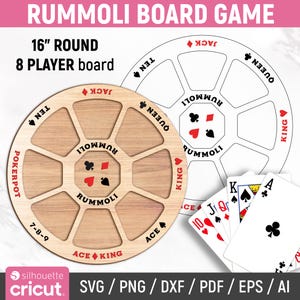 May include: A 40.64 cm round wooden Rummoli board game with eight player sections, featuring card suit icons and text labels for Jack, Queen, King, Ace, 10, 7-8-9, and Pokerpot. Includes a digital file version and a set of playing cards.