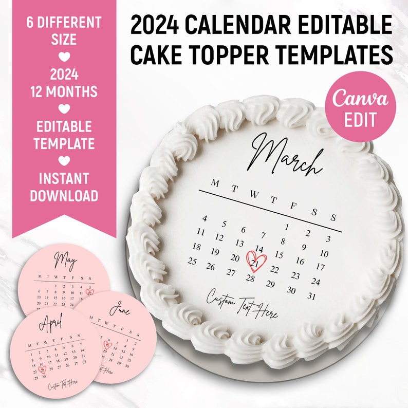 Burn Away Cake Topper Calendar Template, Custom Round Сake Topper, 2024 Calendar Printable, Birthday Cake Topper, Canva Editable image 1