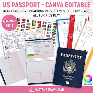 Bewerkbare Amerikaanse paspoorten voor kinderen, paspoort voor kinderen om te spelen, reizen en leren, instapkaartsjabloon, stempels, afdrukbaar, bewerkbaar canvas