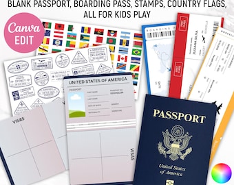 Passeports américains modifiables pour enfants, passeport pour enfant pour jouer, voyager et apprendre, modèle de carte d'embarquement, timbres, imprimable, modifiable sur toile
