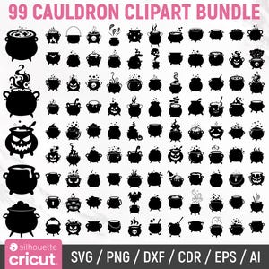 May include: A digital collection titled 99 CAULDRON CLIPART BUNDLE featuring numerous black silhouette icons of various cauldrons. The designs include bubbling liquids, steam, skulls, bats, and faces. The bottom includes the text SVG / PNG / DXF / CDR / EPS / AI.