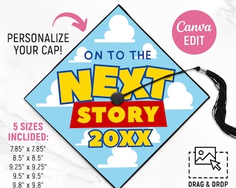 Gepersonaliseerde afstudeerpettopper, aangepaste afstudeerpettopper, klasse van 2026, Next Story afstudeerpet, doe-het-zelf afstudeerpet, bewerkbaar canva
