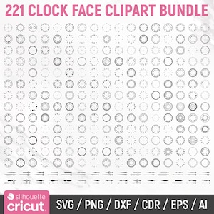 May include: A digital clipart bundle of 221 clock face designs in black and white. The bundle includes a variety of clock face styles, including simple, ornate, and modern. The bundle also includes clock hands.