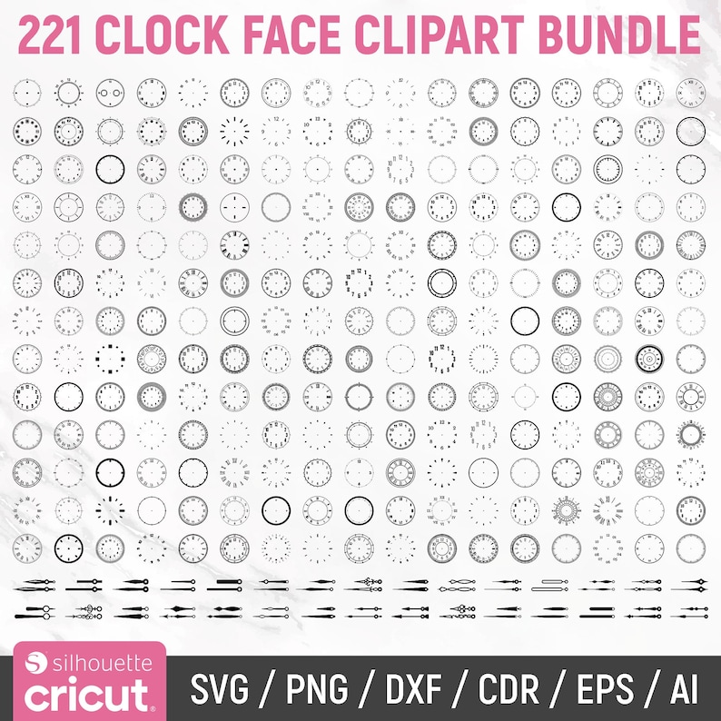 May include: A digital clipart bundle of 221 clock face designs in black and white. The bundle includes a variety of clock face styles, including simple, ornate, and modern. The bundle also includes clock hands.
