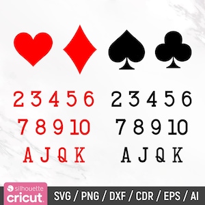 May include: A digital design file for a set of playing cards. The design features a red heart, a red diamond, a black spade, and a black club. The numbers 2 through 10, Jack, Queen, King, and Ace are included in the design.