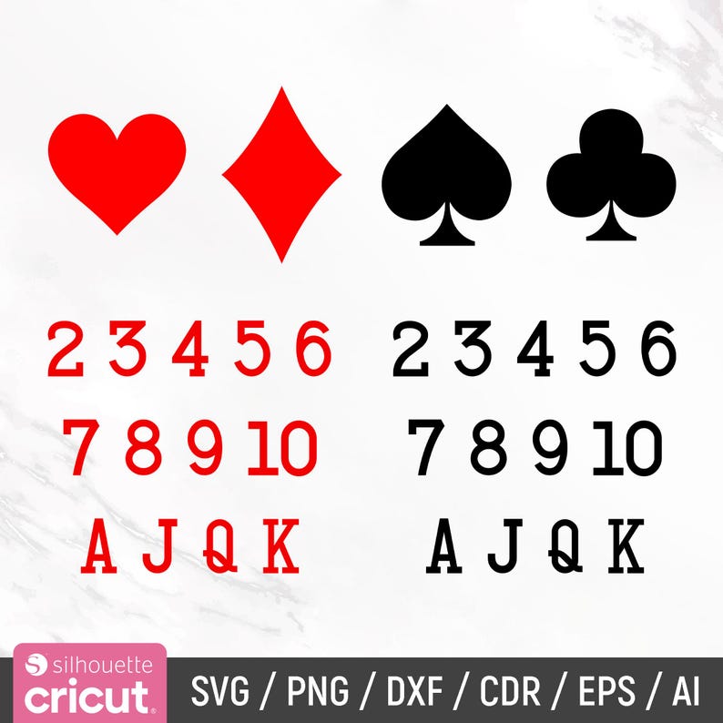 May include: A digital design file for a set of playing cards. The design features a red heart, a red diamond, a black spade, and a black club. The numbers 2 through 10, Jack, Queen, King, and Ace are included in the design.