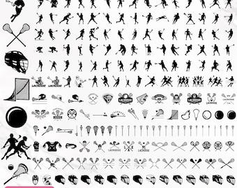 May include: A collection of 190 lacrosse-themed clipart elements in black and white. Includes silhouettes of players, lacrosse sticks, helmets, goals, and logos. Text at the top reads "190 LACROSSE CLIPART BUNDLE".
