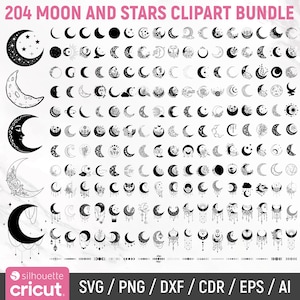Maan en sterren Svg bundel, maan Svg, wassende maan Svg, bloemen maan Svg, maan Clipart, maan silhouet, nachtelijke hemel Svg, png, Instant Download