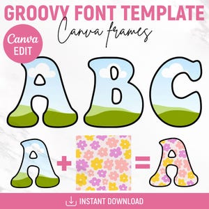 May include: Groovy font template with letters A, B, and C. The letters are outlined in black and filled with a blue sky, green grass, and white clouds. The letters can be customized with a floral pattern.