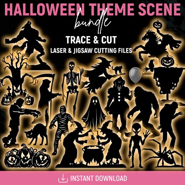 Halloween Theme Scene Template, Halloween Scene Lawn Decor, Outdoor Silhouette Template, Print, Trace & Cut, Stencils, PDF, Instant Download
