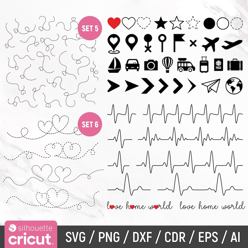 K&ouml;nnte beinhalten: Zwei S&auml;tze mit schwarzen und wei&szlig;en Designelementen. Set 5 enth&auml;lt Symbole wie ein Herz, einen Stern, ein Flugzeug, eine Kamera und einen Globus. Set 6 enth&auml;lt eine Reihe von Herzformen und Herzschlaglinien. Der Text "love home world love home world" ist in Schwarz mit roten Herzen geschrieben.