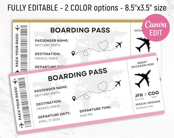Editable Boarding Pass Template, Printable Airline Ticket, Boarding Pass Surprise Trip, DIY Boarding Ticket, Save the Date, Canva Editable