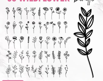 May include: A set of 50 black and white line art wildflower illustrations. The illustrations are simple and delicate, and they would be perfect for use in a variety of projects, such as scrapbooking, card making, or digital design. The text "50 WILDFLOWER bundle" is at the top of the image. The text "silhouette cricut SVG/PNG/DXF/PDF/EPS/AI" is at the bottom of the image.