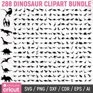 May include: A digital collection titled 288 DINOSAUR CLIPART BUNDLE featuring a large grid of black silhouette illustrations of various dinosaur species, flying reptiles, and footprints, with file format labels SVG, PNG, DXF, CDR, EPS, and AI.