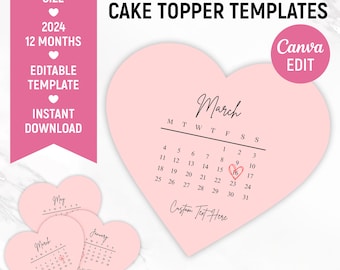 Toppers de pastel de corazón de calendario 2024, plantilla de calendario de topper de pastel quemado, glaseado de azúcar, papel de oblea, topper de pastel personalizado, Canva editable