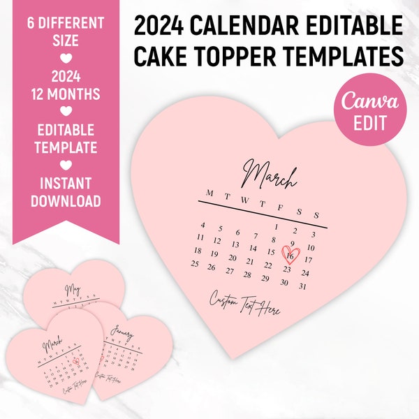 Toppers per torta cuore calendario 2024, modello di calendario Burn Away Cake Topper, glassa di zucchero, carta wafer, topper per torta personalizzato, Canva modificabile