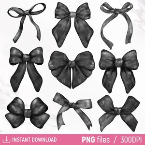 May include: Nine black watercolor bow illustrations. The bows are in various styles and sizes. The bows are isolated on a white background.