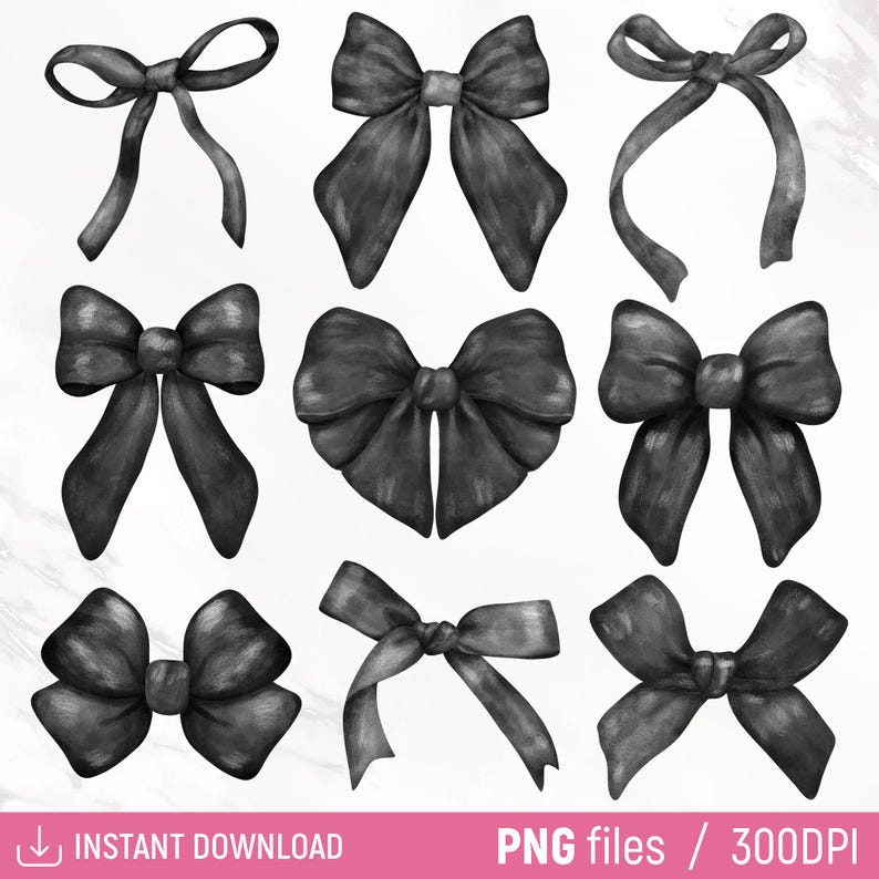 May include: Nine black watercolor bow illustrations. The bows are in various styles and sizes. The bows are isolated on a white background.