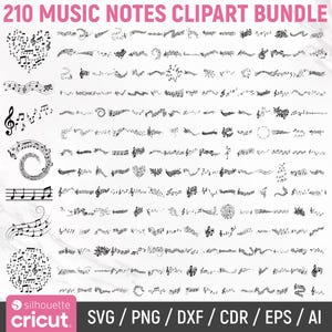 Op de afbeelding: Een verzameling van 210 zwarte muzieknoten clipart. De ontwerpen omvatten muzieknoten in verschillende arrangementen, zoals harten, krullen en lijnen. De tekst "210 MUSIC NOTES CLIPART BUNDLE" staat bovenaan, met "SVG / PNG / DXF / CDR / EPS / AI" onderaan.