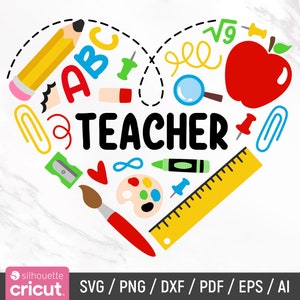 May include: A heart-shaped design with the word "TEACHER" in the center. The heart is filled with various school supplies, including a pencil, a ruler, a magnifying glass, an apple, a paint palette, a paintbrush, and a sharpener. The design is perfect for teachers, students, and anyone who loves school.