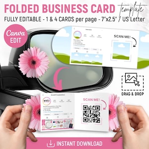 May include: A folded business card template with the text "FOLDED BUSINESS CARD Template" and "FULLY EDITABLE - 1 & 4 CARDS per page - 7"x2.5" / US Letter". The design includes a "SCAN ME!" QR code and a "DRAG & DROP" image placeholder.
