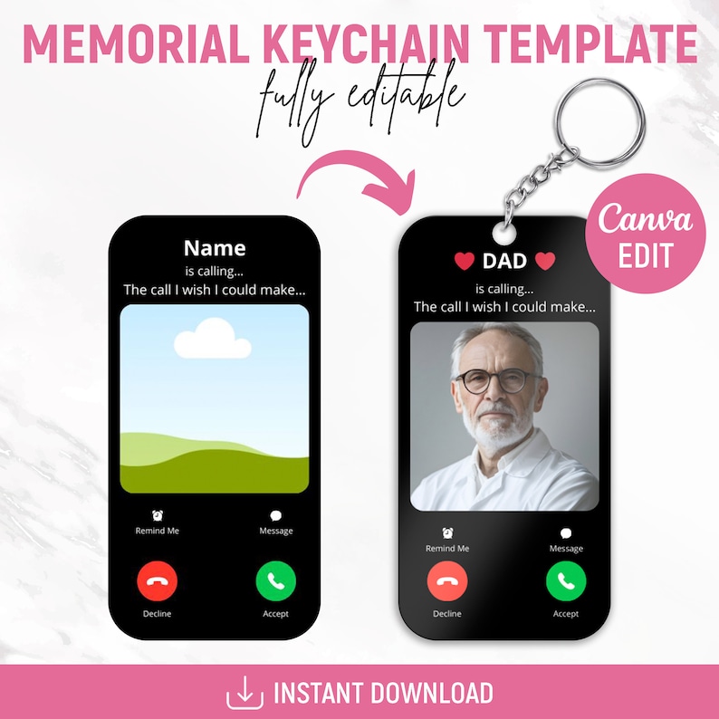 May include: A black and white phone screen mockup with a picture of a man and the text "DAD is calling... The call I wish I could make..."  The phone screen has a red heart on either side of the word "DAD".  The phone screen has buttons for "Remind Me", "Message", "Decline", and "Accept".