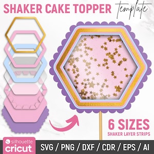 Shaker Cake Topper Svg, Shaker Layer Strip, Birthday Cake Topper Svg, Scalloped Hexagon Shaker Svg, Layered Svg, 3D Shaker, Instant Download