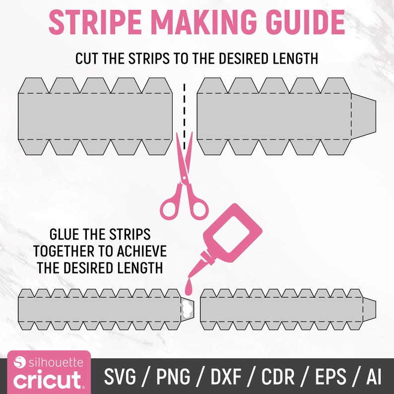 May include: A guide for making stripes using paper strips. The image shows a diagram of how to cut and glue the strips together to achieve the desired length. The text reads "Stripe Making Guide", "Cut the strips to the desired length", "Glue the strips together to achieve the desired length", and "SVG/PNG/DXF/CDR/EPS/AI".