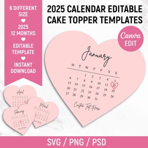 2025 Kalender Herz-Kuchendeckel, Wegbrennen-Kuchendeckel-Kalendervorlage, Zuckerguss, Oblatenpapier, Benutzerdefinierter Kuchendeckel, Canva bearbeitbar
