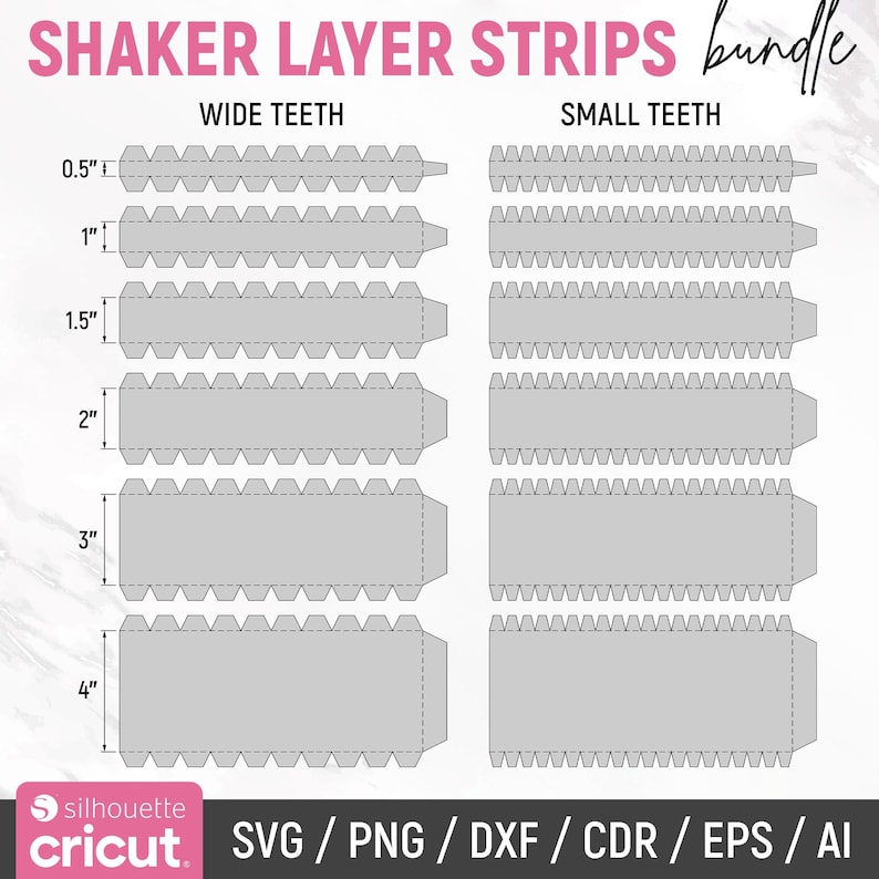 May include: A digital download of shaker layer strip templates for crafting. The image shows two columns of gray strips with different tooth sizes, labeled "Wide Teeth" and "Small Teeth". The strips are labeled with measurements in inches: 0.5", 1", 1.5", 2", 3", and 4". The image also includes the text "SHAKER LAYER STRIPS bundle" and "SVG/PNG/DXF/CDR/EPS/AI".