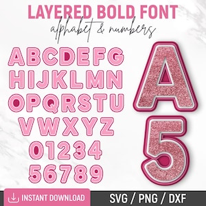 Może przedstawiać: Cyfrowy zestaw graficzny z tekstem LAYERED BOLD FONT alphabet & numbers. Zawiera pełny zestaw liter i cyfr z różowym obrysem oraz dużą, brokatową różową literę A i cyfrę 5 z wieloma warstwami obramowania.