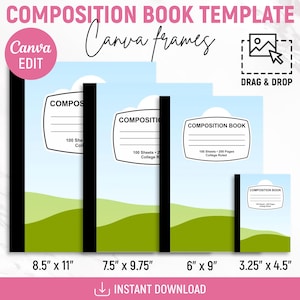 Op de afbeelding: Een compositieboek sjabloon met Canva frames, met vier notebooks van verschillende formaten: 21,6 cm x 27,9 cm, 19,1 cm x 24,8 cm, 15,2 cm x 22,9 cm en 8,3 cm x 11,4 cm. Elk notebook heeft een wit label met "Composition Book".
