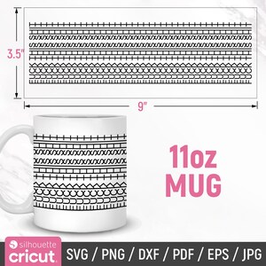 May include: White 11oz mug with a black geometric pattern design. The design includes various line patterns, with the mug measuring 9 inches wide and 3.5 inches high. The text "11oz MUG" is in pink.