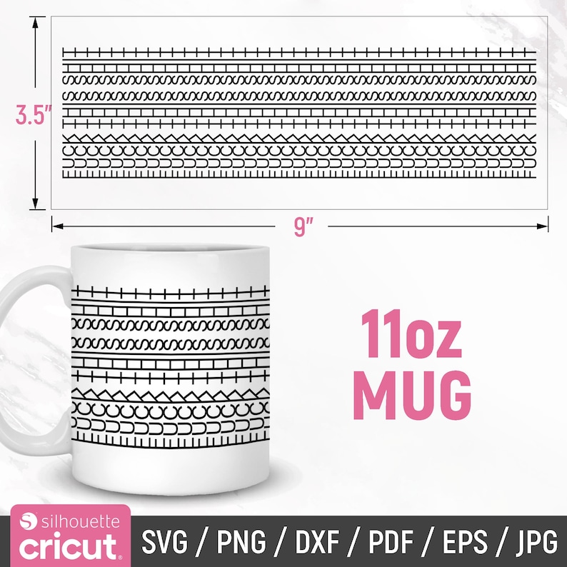 May include: White 11oz mug with a black geometric pattern design. The design includes various line patterns, with the mug measuring 9 inches wide and 3.5 inches high. The text "11oz MUG" is in pink.