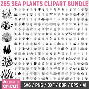 May include: A collection of 285 sea plant clipart images in black and white. The image includes various types of seaweed and coral, with the text "285 SEA PLANTS CLIPART BUNDLE" at the top and file type options at the bottom.