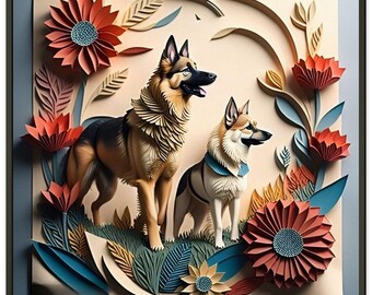 Dog Artwork, German Shepherd Dogs Digital Art, Metal Framed Dog Wall Art, Ready-to-hang Dog Wall Art Gift Item