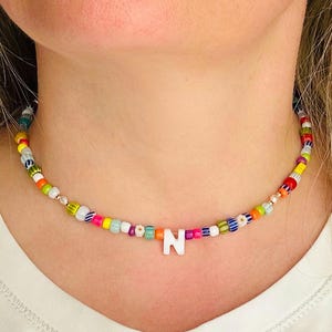 Personalized Beaded Initial Necklace: Rainbow Choker, Freshwater Pearls, Mother of Pearl Letter, Handmade Jewelry
