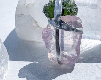 Moldavite & Rose Quartz  amulet, moldavite 2 g, moldavite pendant, meteorite, moldavite crystal, moldavite necklace, certified Moldavite