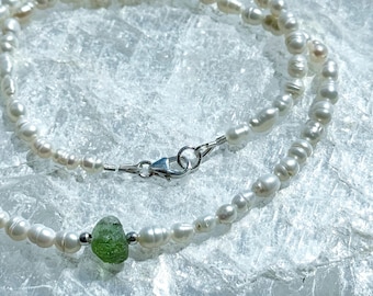 Moldavite Pearl Necklace: Sterling Silver Cosmic Talisman