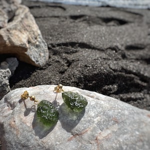 Genuine Moldavite Earrings: Green Meteorite Crystal, Gilded Silver