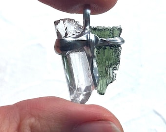 Moldavite & Rock Crystal Pendant, Meteorite Tektite Amulet, Art Necklace