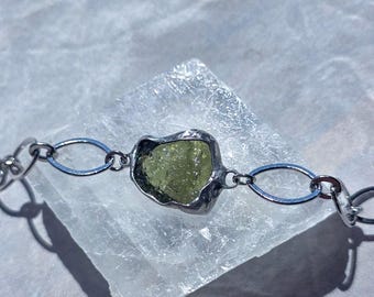 Bracelet en moldavite véritable : argent, laiton plaqué rhodium, 2,5 g