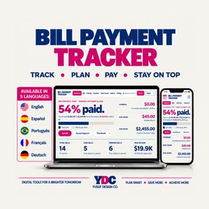 Puede incluir: Una interfaz digital de seguimiento de pagos de facturas mostrada en una computadora portátil y un teléfono inteligente. El panel muestra datos financieros, incluyendo 54% pagado, montos vencidos y facturas totales. El texto incluye BILL PAYMENT TRACKER y YDC YUSUF DESIGN CO.