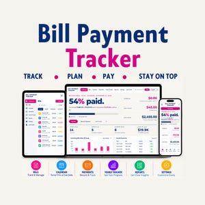 Może przedstawiać: Cyfrowy tracker płatności rachunków wyświetlany na laptopie, tablecie i smartfonie. Interfejs zawiera pulpit nawigacyjny z tekstem 54% paid, listy rachunków, podsumowania płatności oraz ikony nawigacyjne dla rachunków, kalendarza, płatności i raportów.