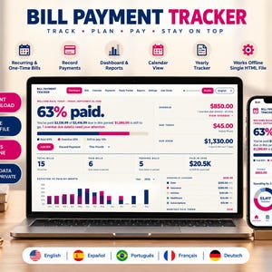 Pode incluir: Um rastreador digital de pagamento de contas exibido na tela de um laptop e de um smartphone. A interface mostra dados financeiros, incluindo porcentagens pagas, valores vencidos e gráficos de despesas mensais com vários ícones.
