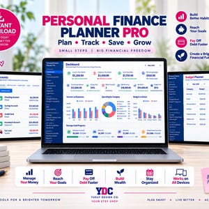 May include: A digital personal finance planner displayed on a laptop, tablet, and smartphone screen. The interface features dashboards, account lists, budget trackers, and transaction logs with charts and tables. Text includes Personal Finance Planner Pro.